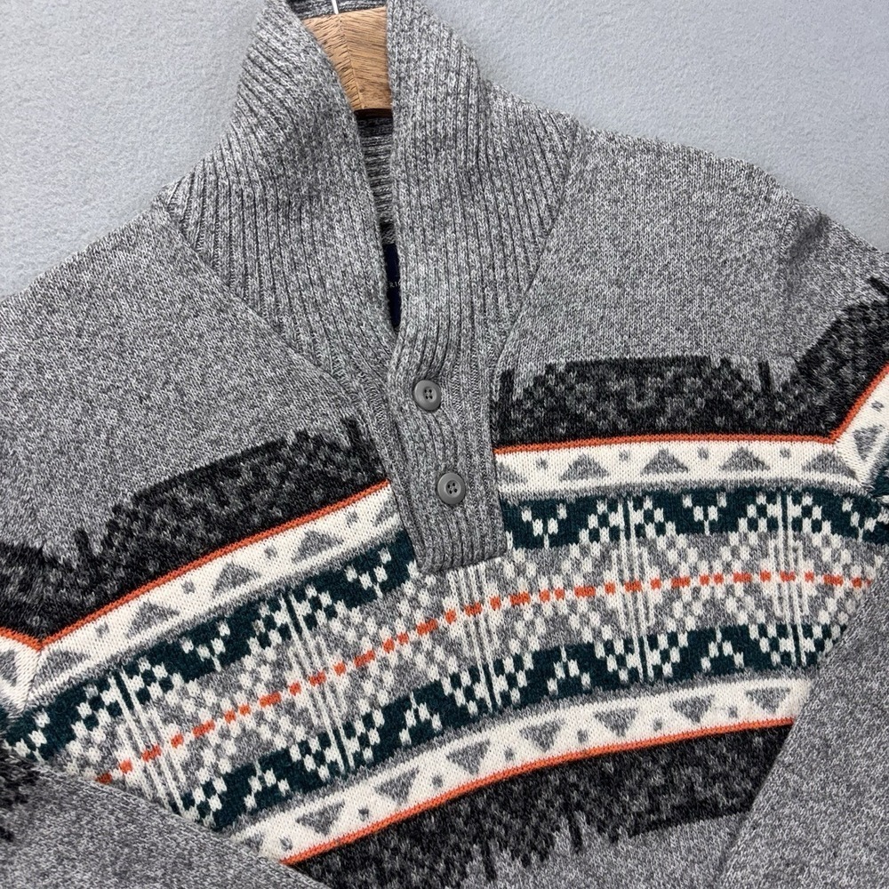 American Eagle Sweater Mens Medium Gray Fair Isle Shawl Collar Pullover Knit‎